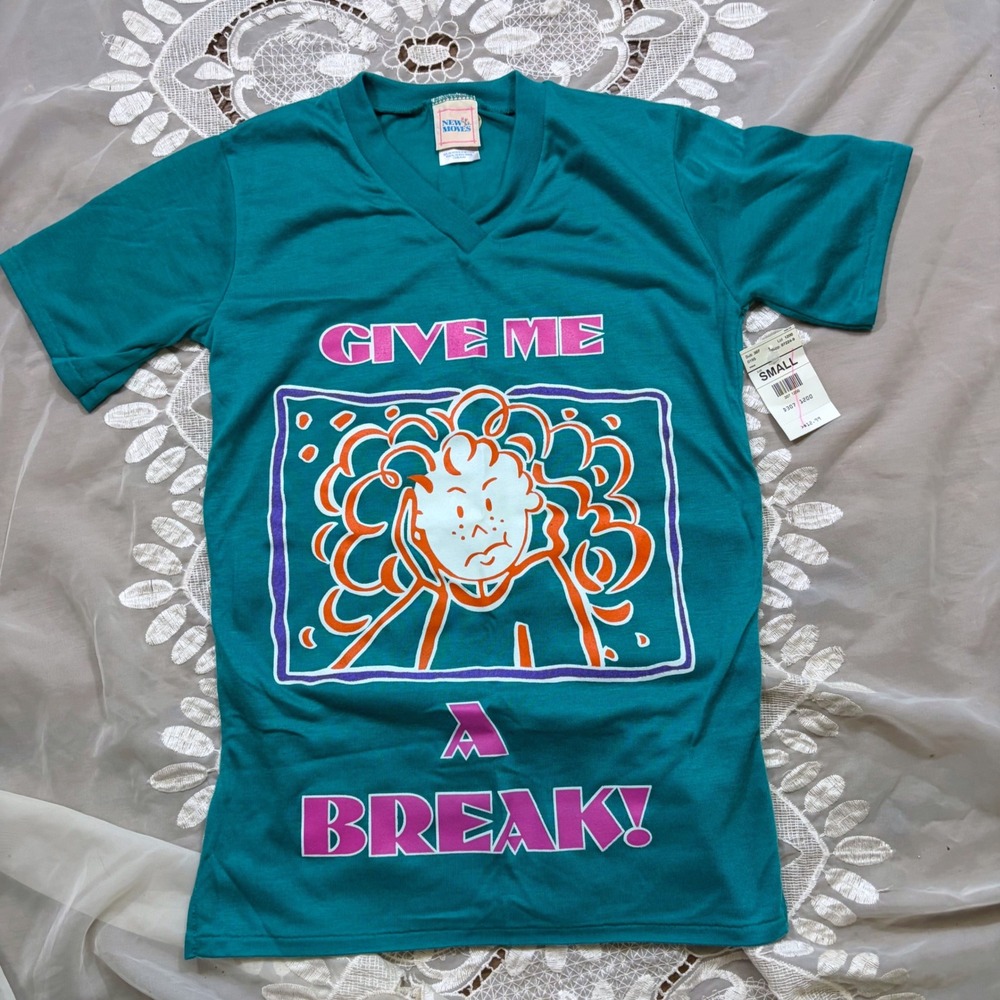 Vintage New Moves Give Me A Break Teal V-Neck Graphic T-Shirt Small 4/6 USA